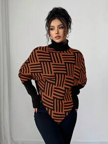 Elenzga Women's Elegant High Neck Geometric Textured Poncho Sweater, Colorblock, Suitable For Home & Travel, Spring/Autumn - Orange - View 3