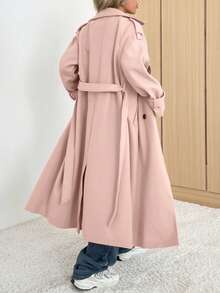 SHEIN EZwear 女款珊瑚粉立领双排扣休闲毛呢大衣，秋冬 - 珊瑚粉 - 查看 2