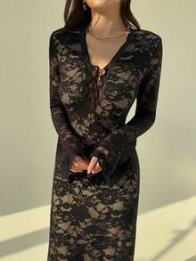 Aloruh Đầm ren tay dài thiết kế cổ buộc gợi cảm cho nữ - màu đen - Xem 1