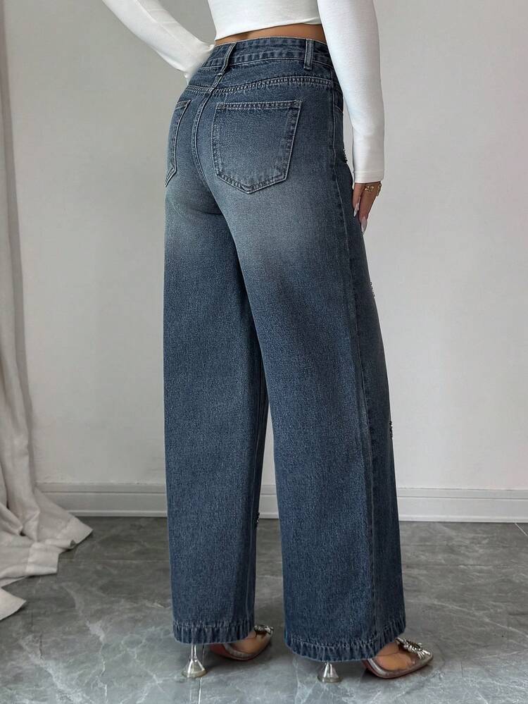 Women's Casual Washed Rhinestone Embellished Wide Leg Jeans, Autumn