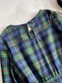 Teen Girl Casual Everyday Commute Collegiate Style Patterned Print Lantern Sleeve Belted Dress, Spring/Autumn - Green - View 4