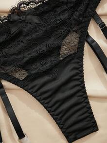 Charlaine 3pcs Women's Black Lace Bow Tie Waist Gather Sexy Lingerie Set, Including Top, Panty, And Garter Stockings - Black - View 4