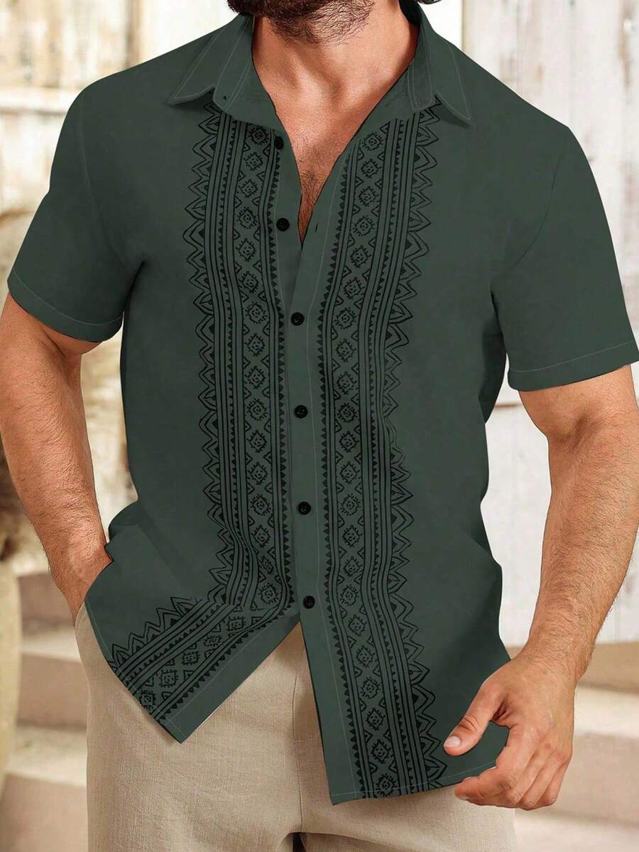 Manfinity Homme Men's Summer Solid Color Geometric Print Front Button Short Sleeve Shirt - Multicolor - View 1