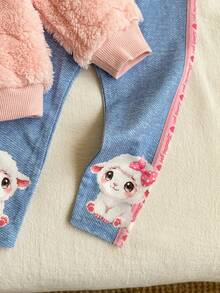 SHEIN Babygirl Cute Casual Pink Fluffy Heart Pattern Long Sleeve Sweatshirt And Pants Set - Multicolor - View 6