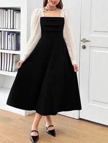 SHEIN Teen Girl Colorblock Square Neck Puff Sleeve Casual Dress - Black and White - View 1
