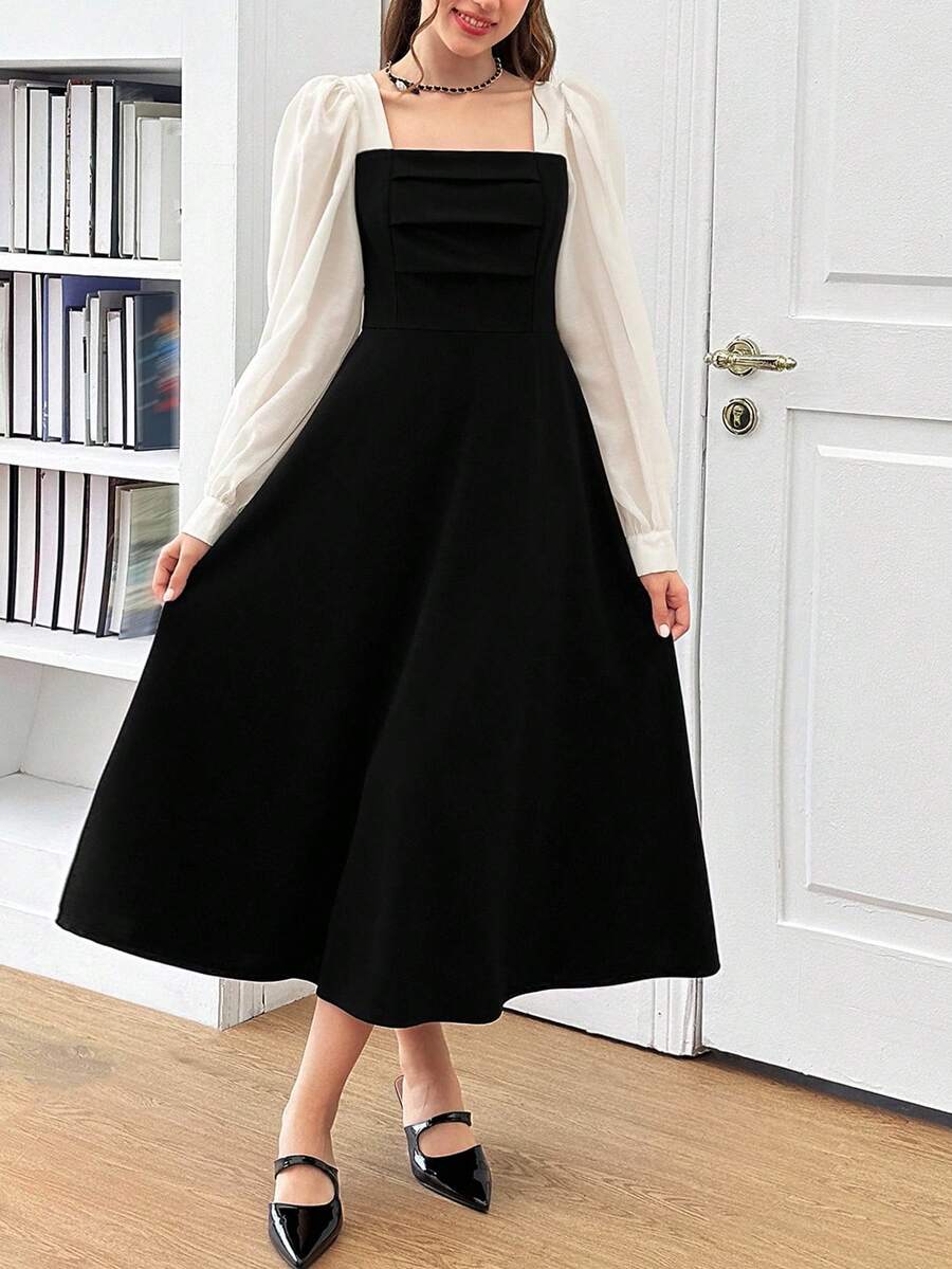 SHEIN Teen Girl Colorblock Square Neck Puff Sleeve Casual Dress - Black and White - View 1