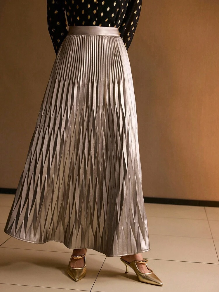 ARTISTIC PLEATED TEXTURED A-LINE SLIM FIT PU LEATHER SKIRT