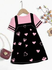 可爱粉色爱心和小猫印花“清凉夏日”少女休闲简约短袖中长连衣裙适合夏天 - 彩色 - 查看 3