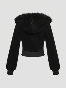 ROMWE Grunge Punk Y2K Velvet Rhinestone Graphic Cropped Hoodie & Low-Rise Flare Pant2 Piecesce Set For Women - Black - View 7