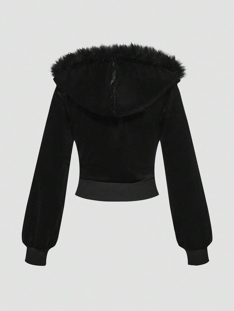 ROMWE Grunge Punk Conjunto de 2 peças com Moletom Cropped de Veludo com Strass Gráfico e Calça Flare de Cintura Baixa para Mulheres - Preto - Visão 7