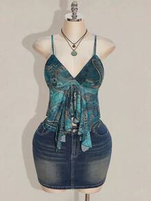 SHEIN ICON Áo kiểu cỡ lớn gợi cảm, phong cách retro Bohemian, kiểu Y2K Millennium, họa tiết Paisley xanh lá cây, xếp nếp, chất liệu lưới xuyên thấu, áo kiểu Hippie, áo kiểu miền Tây, áo kiểu Bohemian. - Màu xanh lam - Xem 3