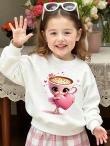 Cozy Fall & Winter Styles Toddler Girls Casual Fashion Creative Personalized Refreshing Cute Kawaii Cup Ballet Girl Heart Shaped Pattern Print Relaxed Fit Crew Neck Sweatshirt, Comfortable Outfit