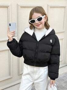 SHEIN Chaqueta casual de moda simple con cremallera, acolchada y engrosada para invierno, con capucha acolchada y bordada, de longitud cropped, cómoda y minimalista para niñas preadolescentes - Negro - Ver 6