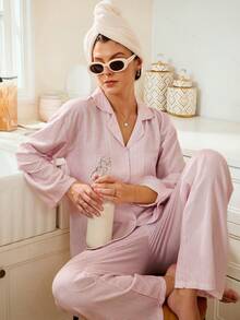 SHEIN 粉白条纹休闲女式落肩长袖纽扣上衣和裤子家居服睡衣套装 女式家居服套装 女士睡衣套装 粉色女士睡衣套装 冬季服装 - 粉色 - 查看 3