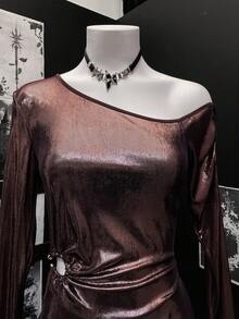 SHEIN Unity Vestido de mujer de manga larga, un hombro, cintura hueca con decoración de metal, tela brillante y texturizada, adecuado para fiestas y citas - Negro - Ver 3