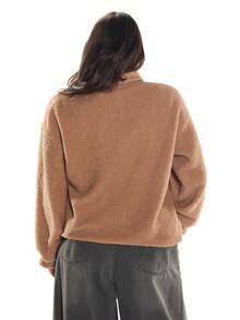 Solavibe Sudadera con cremallera de manga larga con aplicación de unicolor tipo sherpa, talla grande, otoño/invierno - Caqui - Ver 7