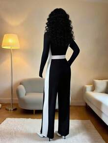 Rafferiza 女士优雅通勤束腰拼色连体裤 - 黑與白 - 查看 7