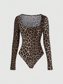 Sweetra Body à manches longues et col roulé pour femme, imprimé léopard blocs de couleurs, coupe ajustée, élégant et polyvalent pour les trajets quotidiens.