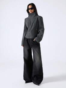 LYSMO 女士时尚高领纯色插肩袖收腰口袋羊毛大衣 - 深灰色 - 查看 7