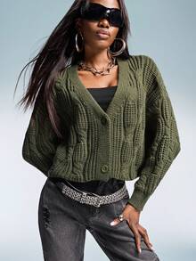Aveloria GENKIRA Cable Knit Drop Shoulder Cardigan Oversized Sweater  - Army Green - View 5