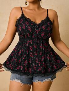 Freevana 大码女式玫瑰和花卉蕾丝拼布吊带背心，浪漫度假和约会之选 - 黑色 - 查看 4