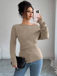 Elenzga 女士纯色蝙蝠袖时尚毛衣，秋冬季 - 摩卡棕 - 查看 6