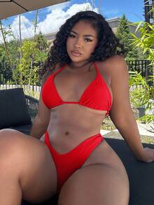 Alexandranx 2 件套女士纯色露背性感比基尼泳装套装，夏季海滩 - 紅色 - 查看 6