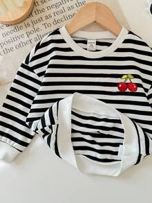SHEIN Babygirl Cute Versatile Knitted Striped Heart Pattern Long Sleeve Sweatshirt, Autumn/Winter - Black and White - View 6