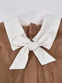 SHEIN Vintaside Kids 女童灯芯绒拼布蝴蝶装饰连衣裤连衣裙，优雅适合圣诞节、生日派对和其他场合 - 棕色 - 查看 5