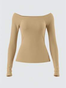 SHEIN BASICS 1件女士休闲纯色露肩长袖修身衬衫 - 卡其色 - 查看 2