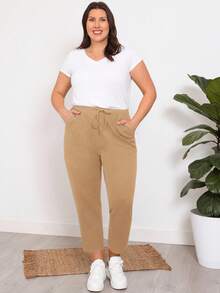 EMERY ROSE Quần lửng ống rộng màu trơn có dây rút, túi eo thông thường dành cho nữ cỡ lớn - màu nâu - Xem 4