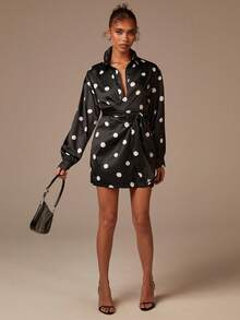 Athîral Women's Polka Dot Print Long Sleeve Tie Waist Casual Short Dress - Black and White - View 3