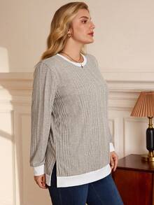 Rosumi 大码拼色侧开衩圆领运动衫 - 卡其色 - 查看 3