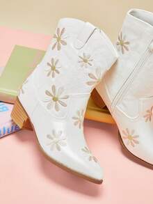 Mini mi 迷你儿童象牙色亮面雏菊西部牛仔靴——俏皮、舒适、可爱又时尚 - 米色 - 查看 5