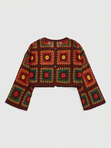 ROMWE Fairycore 加大码复古棕色钩针花卉图案针织开衫，复古棕色美学镂空针织女式毛衣夹克，加大码休闲秋冬嬉皮复古美学针织开衫 - 彩色 - 查看 2