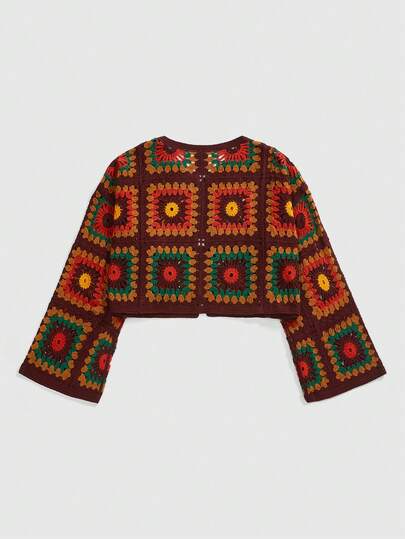 Fairycore Cárdigan de punto con patrón floral de ganchillo en talla grande de color marrón retro, chaqueta de punto calada de estética vintage marrón para mujeres de talla grande, cárdigan de punto hippie retro de estilo casual para otoño/invierno