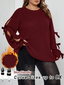 SHEIN CURVE+ Plus Size Loose Knit Sweater With Hollow Bow Knot Decor, Plus Size Cute Fall Pullover In Beige, For Winter - Burgundy - View 1