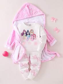 Genkimix Kids 女童幼兒3件式卡通公主蝴蝶結睡衣套裝，舒適法蘭絨，秋冬款 - 粉色 - 查看 3