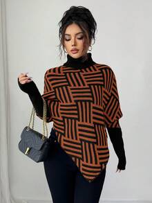 Elenzga Women's Elegant High Neck Geometric Textured Poncho Sweater, Colorblock, Suitable For Home & Travel, Spring/Autumn - Orange - View 6
