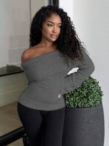Alexandranx Women's Casual Solid Color Foldover Off Shoulder Pullover Sweater, Autumn - Grey - View 5