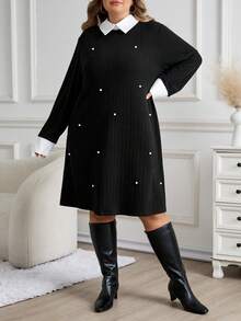 SHEIN CURVE+ LUNE 大码春秋休闲拼色串珠装饰连衣裙冬装，有袖连衣裙，黑色长袖连衣裙，感恩节连衣裙 - 黑色 - 查看 3