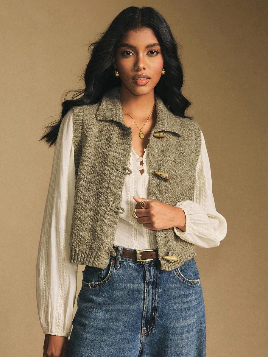 Poéselle Women's Casual Loose Knitted Vest With Horn Button Design, Autumn/Winter Women Western Clothes Women S Western Clothing - Army Green - View 1