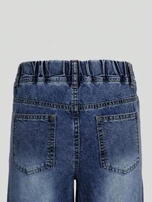 SHEIN Quần jeans ống loe dáng rộng Denimly Xuân/Hè mới cho bé gái, chất liệu denim xanh nhạt tạo cảm giác thoải mái, họa tiết thêu hình trái tim, thiết kế cạp chun tạo sự thoải mái, phù hợp mặc ở trường học, đi chơi thường ngày, hoạt động ngoài trời và mặc hàng ngày - Rửa tối - Xem 6
