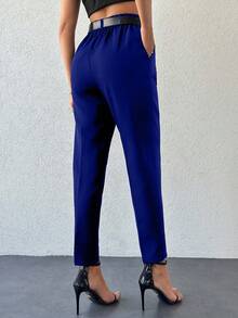 EURMUSE Women Creased Straight Leg Trousers With Slanted Pockets - Royal Blue - View 2