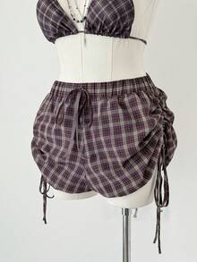 Sunspun Plus Size Plaid Drawstring Tie Bubble Shorts - Multicolor - View 4