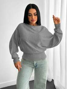 EURMUSE Structured Knit Sweater With Voluminous Sleeves Fitted Waist Curved Ribbed - Grey - View 3