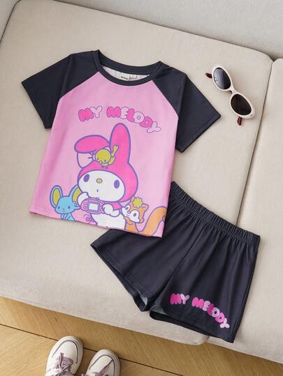 HELLO KITTY AND FRIENDS | SHEIN Young Girl Summer Casual Everyday Commute Cute Cartoon Letter Print Contrast Color Raglan Short Sleeve T-Shirt And Shorts Loose Suit