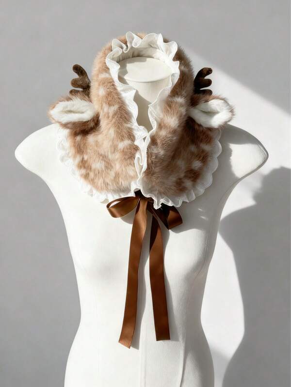 ROMWE Fairycore 1 pieza Adorable chal de peluche con diseño de ciervo, bufanda con volantes de encaje y lazo, accesorios de moda cálidos para otoño/invierno