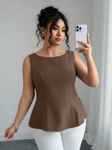Elenzga 大码女式纯色无袖露背系带衬衫 - 棕色 - 查看 6