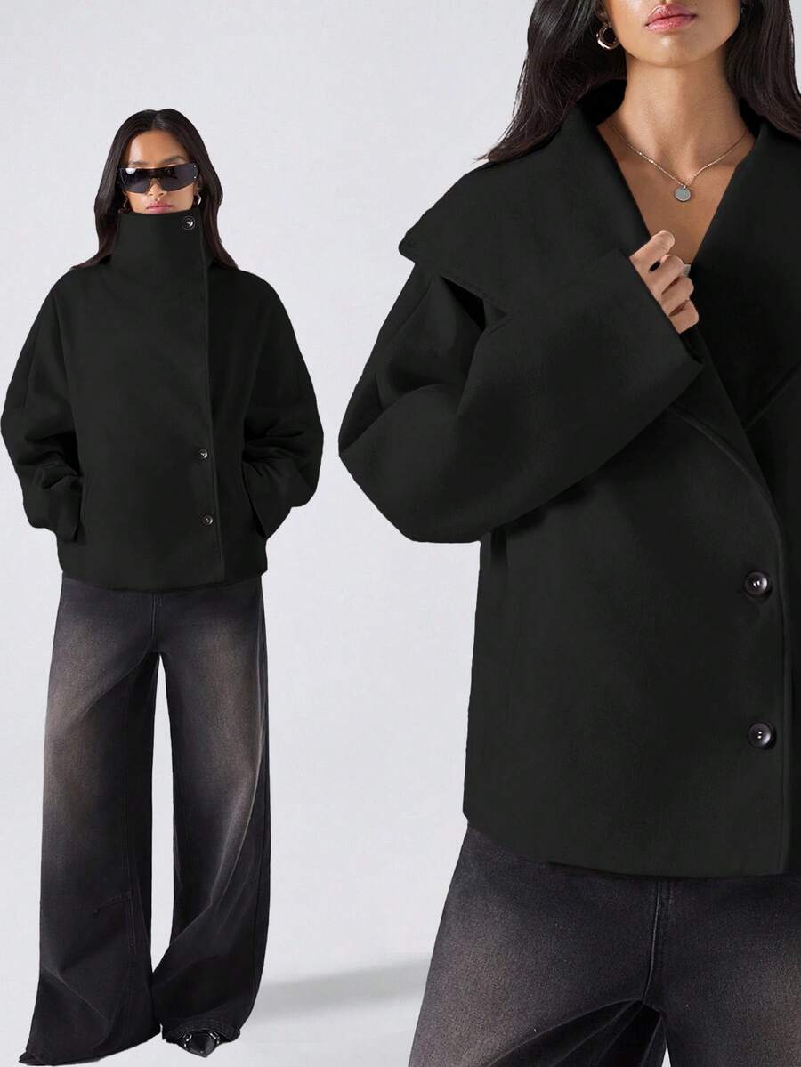 LYSMO 女士纯色长袖单排扣休闲宽松常规外套，秋冬款 - 黑色 - 查看 1